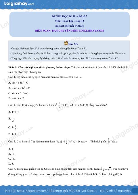 Đề thi học kì 2 Toán 12 - Đề số 7